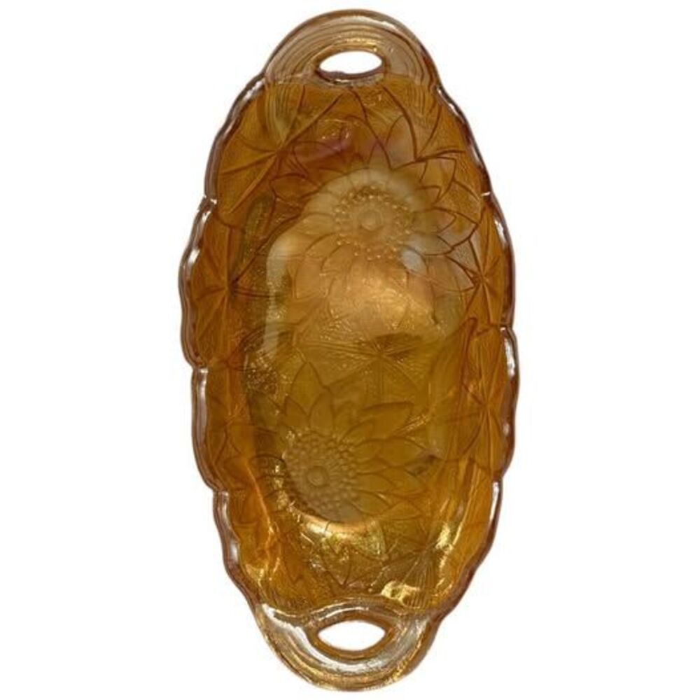 Indiana Marigold Sunflower Relish Dish, Carnival Glass Amber Iridescent